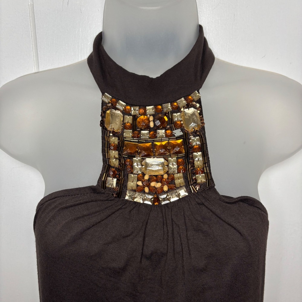 Y2K Cache Brown Embellished Halter Mock Neck Top Size S Beaded Jersey Knit